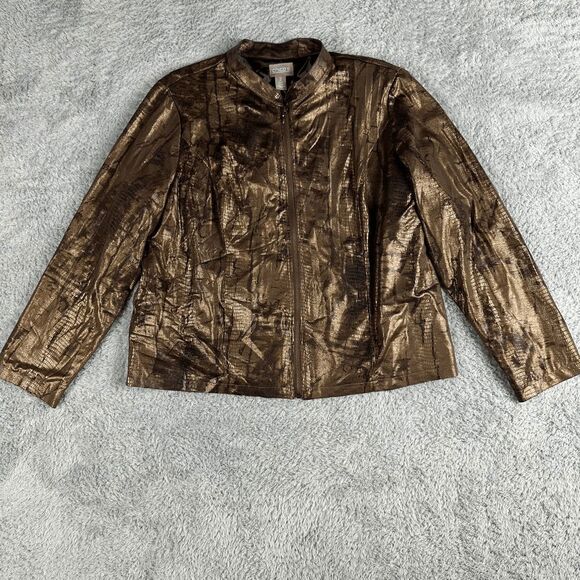 Chico's Women's Snakeskin Zip Up Jacket Size Medium 2 Brown Shiny Zipper Glam - Picture 1 of 16